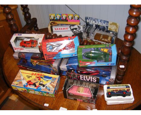 A quantity of licensed die cast model vehicles including Thunderbirds, Captain Scarlett, Bullitt, Kojak, Elvis and Spiderman
