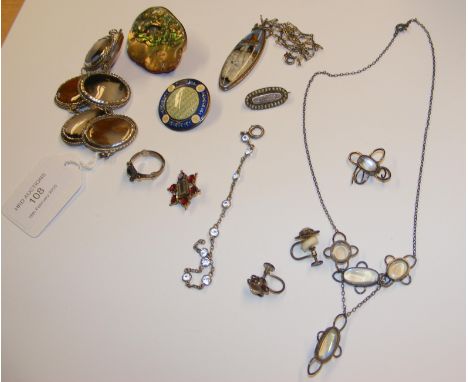 A six panel silver and agate bracelet together with assorted other costume jewellery