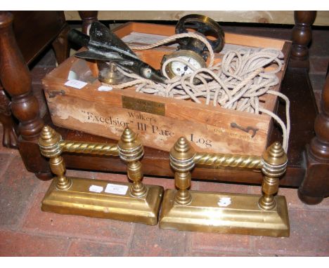 A vintage Walker's 'Excelsior' III Patent Log in wooden box, together with a pair of brass firedogs 