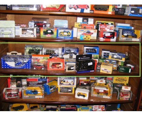 Die cast model vehicles including Corgi Smithsonian and Lledo Collectors club - on one shelf