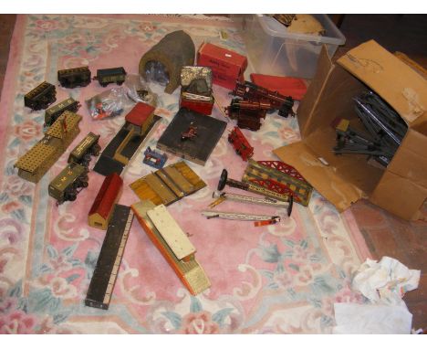 A box of vintage tin plate Hornby Series trains and associated items by Meccano