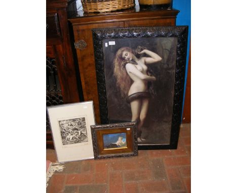 A Limited Edition 39/40 erotic etching, together with two other pictures of naked women 