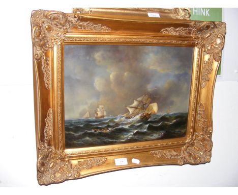W A ARNETT - oil on panel of three masted ship in rough seas - with Certificate to the back - 30cm x 40cm 