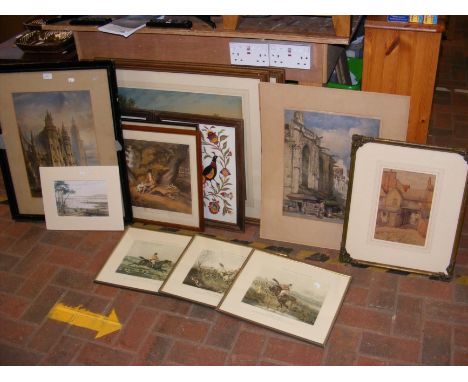 An antique print of continental cathedral - IN THE MANNER OF PROUT, together with one other and various pictures 