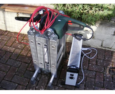 A folding aluminium ladder together with an electric heater and a Bosch electric chainsaw