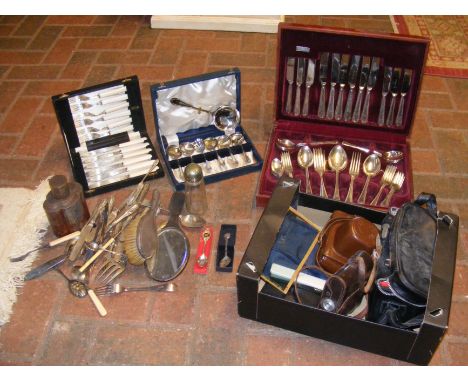 A canteen of cutlery, vintage cameras, etc. 