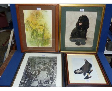 A number of framed pictures to include: an Audubon print of an Eagle, a Cocker Spaniel print, a Mixed Media painting of Daffo