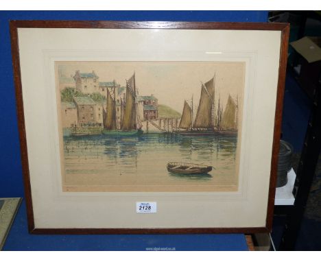 A framed and mounted coloured Etching "Trawlers at Brixham" signed lower right Grant Edwards.