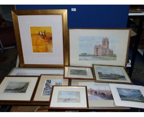 A quantity of prints to include: St John's Market Liverpool, Liverpool cathedral, Boats at low tide Dee estuary by John R Ock