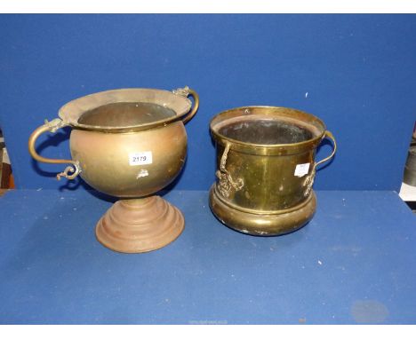 A brass Planter in shape of trophy plus another.