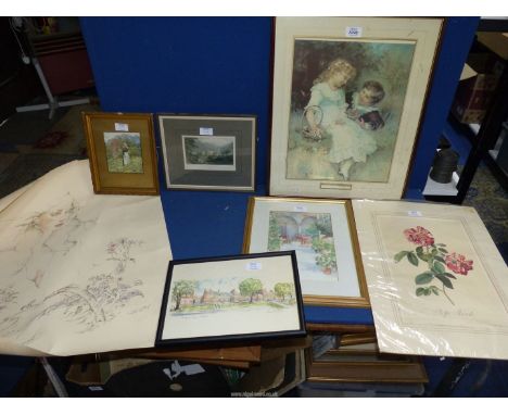 A quantity of Prints to include; 'Sweethearts' Pears style print, one of Rosa Mundie, Newport High School by Alan Beathe, a R