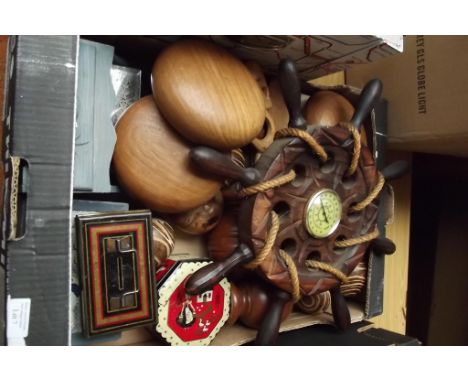 Various treen items to include a ship's wheel barometer 