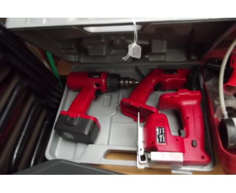 Cordless jigsaw, cordless detail sander and a cordless drill