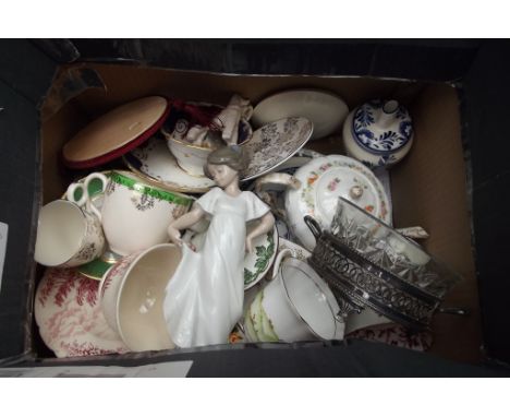 Large box of ceramics to include a Nao figure of a girl