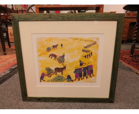 IRENE GEORGE: A "Yellow Hat Tribe" limited edition print entitled "Melon Market", 102/950, framed and glazed, 29cm x 35cm