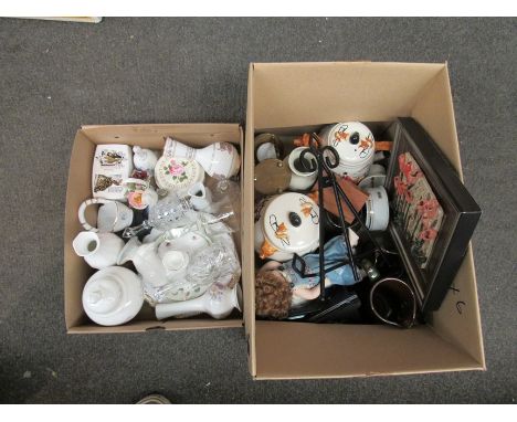Two boxes of mixed items including fox hunting teapot, jugs, glass bells etc.