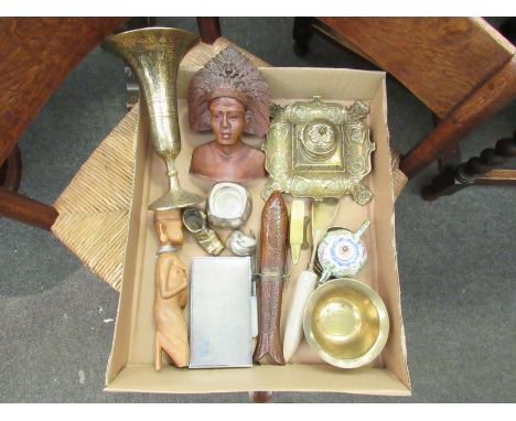 A mixed lot including brass inkwell, anvil, carved wooden figures and a Dansk rabbit etc