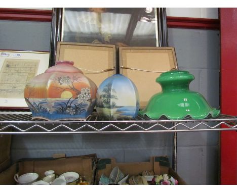 Three oil lamp shades including green and river scene decoration