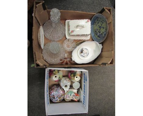 Two boxes of ceramics and glassware including decanters, Royal Worcester vases (one a/f). Royal Copenhagen pin dish figure se