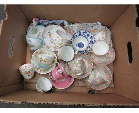 A quantity of cups and saucers to include Adderley Art Deco examples, a/f
