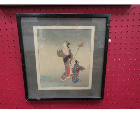 A Japanese print depicting a woman and young girl. 21.5cm x 18.5cm, framed and glazed