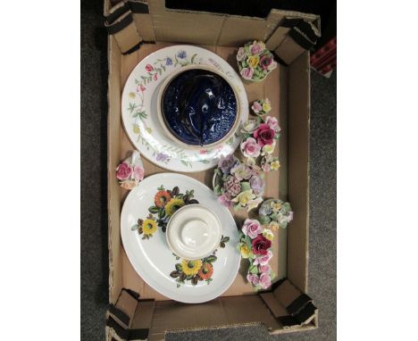 A box containing nine ceramic posies, some a/f, a Royal Worcester cake stand and cow design butter dish etc