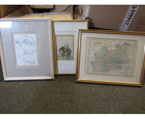 Three pictures and prints including Indian watercolour, pencil drawing of pigs and a map of Surrey