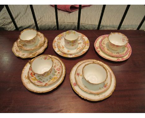 Five trios of cups, saucers and side plates, mainly floral highlighted in gilt, Adderley and other makers