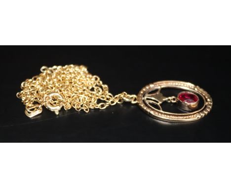 Gold Continental Pendant, Oval Form Set With A Red Ruby Coloured Stone, 23 x 15mm, Hallmarks Rubbed. Suspended On A Yellow Me