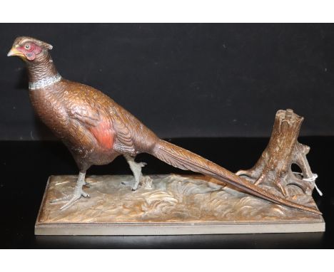 Early 20thC Cold Painted Spelter Figural Striker Modelled In The Form Of A Pheasant With Tree Trunk. The Trunk With Striker, 