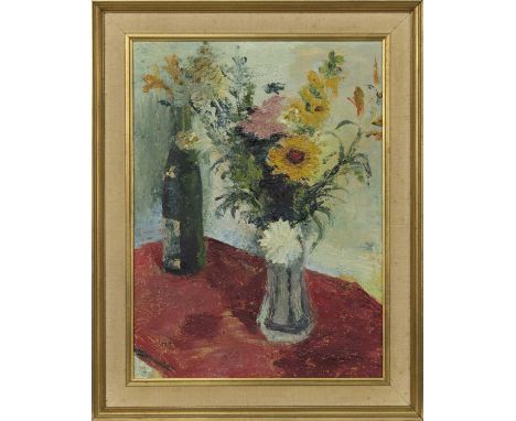 * NOEL SLANEY RSW (SCOTTISH 1915 - 2000),THE RED TABLECLOTHoil on board, signed, titled label versoimage size 39cm x 29cm, ov