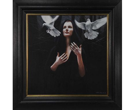 * GERARD BURNS, BLACK CLOAK AND DOVES oil on canvas, signed image size 58cm x 57.5cm, overall size 79cm x 79cmFramed.Conditio