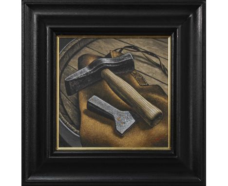 * GRAHAM H D MCKEAN,COOPERS TOOLSoil on canvas, signed, further signed and titled versoimage size 30cm x 30cm, overall size 4