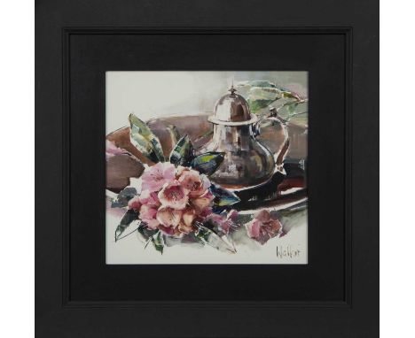 * ETHEL WALKER (SCOTTISH b. 1941),THE SILVER TEAPOToil on board, signed, titled label versoimage size 32cm x 33cm, overall si