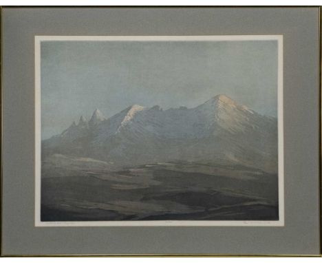 * TOM MACKENZIE (SCOTTISH 1947 - 2018),CUILLINS FROM DRYNOCH coloured etching on paper, signed, titled and numbered 20/75imag