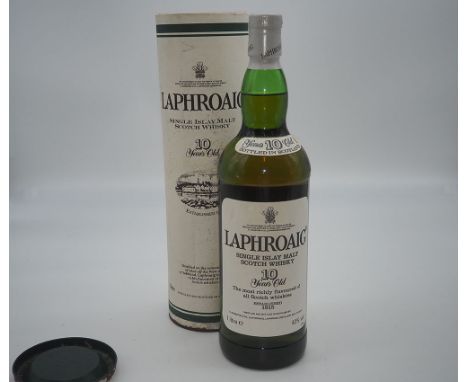 A bottle of Laphroaig 10 year old single malt scotch whisky