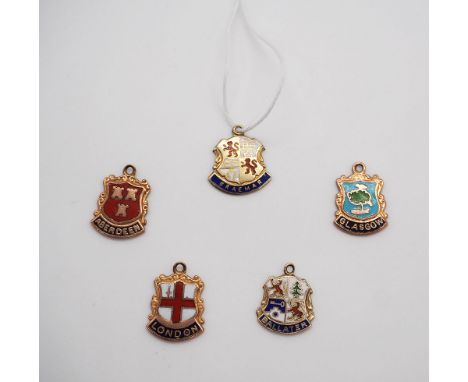 A collection of 9ct gold enamel charms of crest of arms of cities around the UK, approx weight 5.9 grams