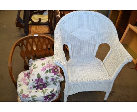 A white wicker chair together with a further 1930's bedroom chair (2)