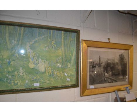 Coloured print after Margaret Tarrant together with a further engraving of a city scene (2)