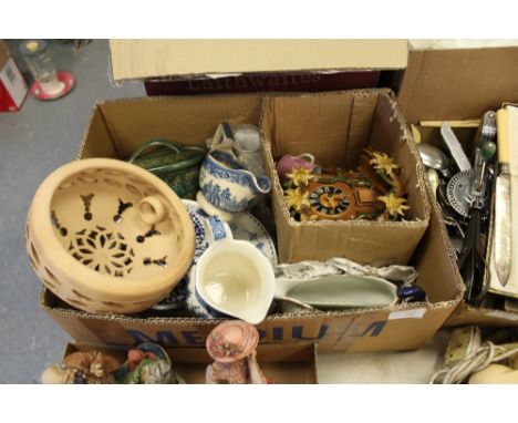 Box of mixed china, Cuckoo type clock, etc.