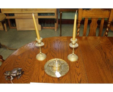 Brass inkwell and candlesticks