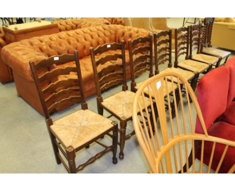 Set of six rush seated ladder back chairs