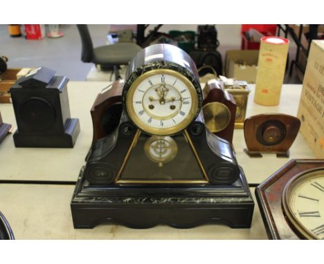 19th century French black slate and green variegated marble mantel clock by Pincon Fils, Paris