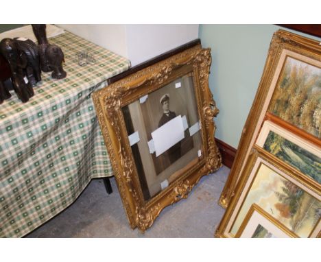 Large gilt frame, Lawson Wood print and portrait photograph