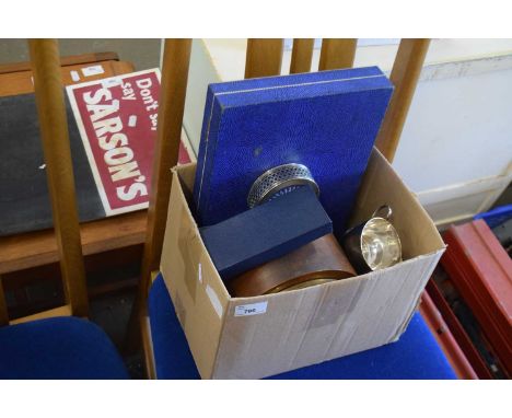 Box of mixed items to include mantel clock, silver plated wares etc