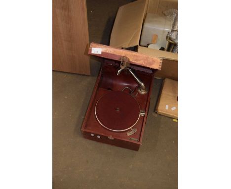 Mixed lot - vintage portable gramophone, box of various garage clearance items, small glazed display case etc