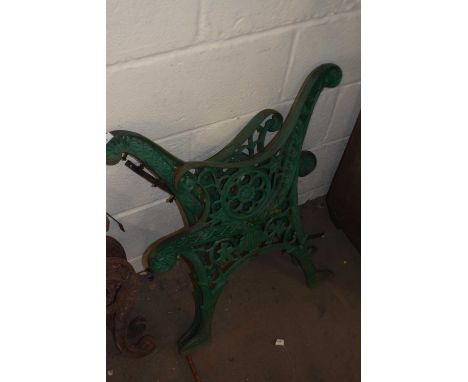 Pair of green painted cast iron bench ends