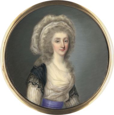 Französisch -- um 1785/1790. Miniatur Portrait einer jungen Frau mit weißer Haube im grau gepuderten Lockenhaar, in weiß gest