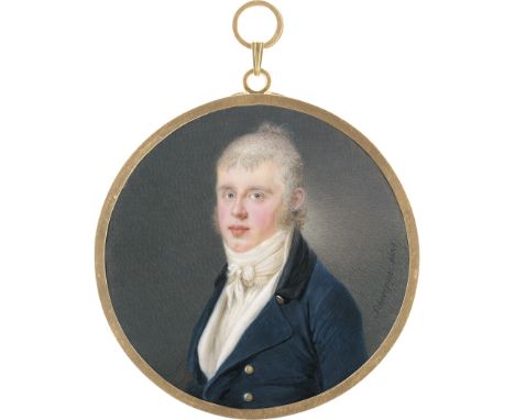 Schweppe, Johann Gottlieb -- Miniatur Portrait eines blonden jungen Mannes mit gepudertem Haar, Koteletten und "man bun", in 