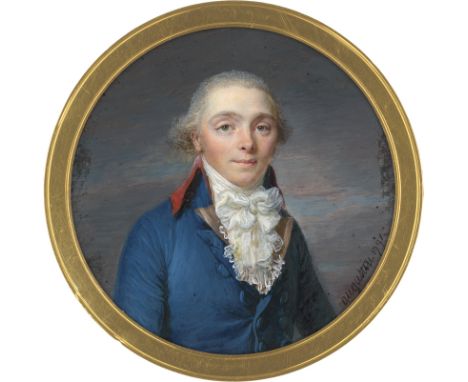 Augustin, Jean-Baptiste Jacques -- Miniatur Portrait eines jungen Mannes mit grau gepudertem Haar, in blauer Jacke mit rotem 